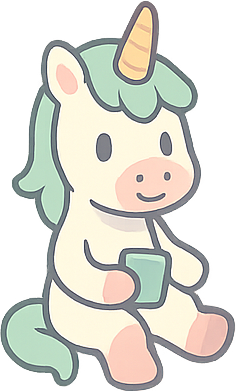 Ein kleines süßes Einhorn. Es sitzt auf dem Boden und hat ein Smartphone in der Hand. Es hat ein goldenes Horn, eine grüne Mähne und pinke Hufe.